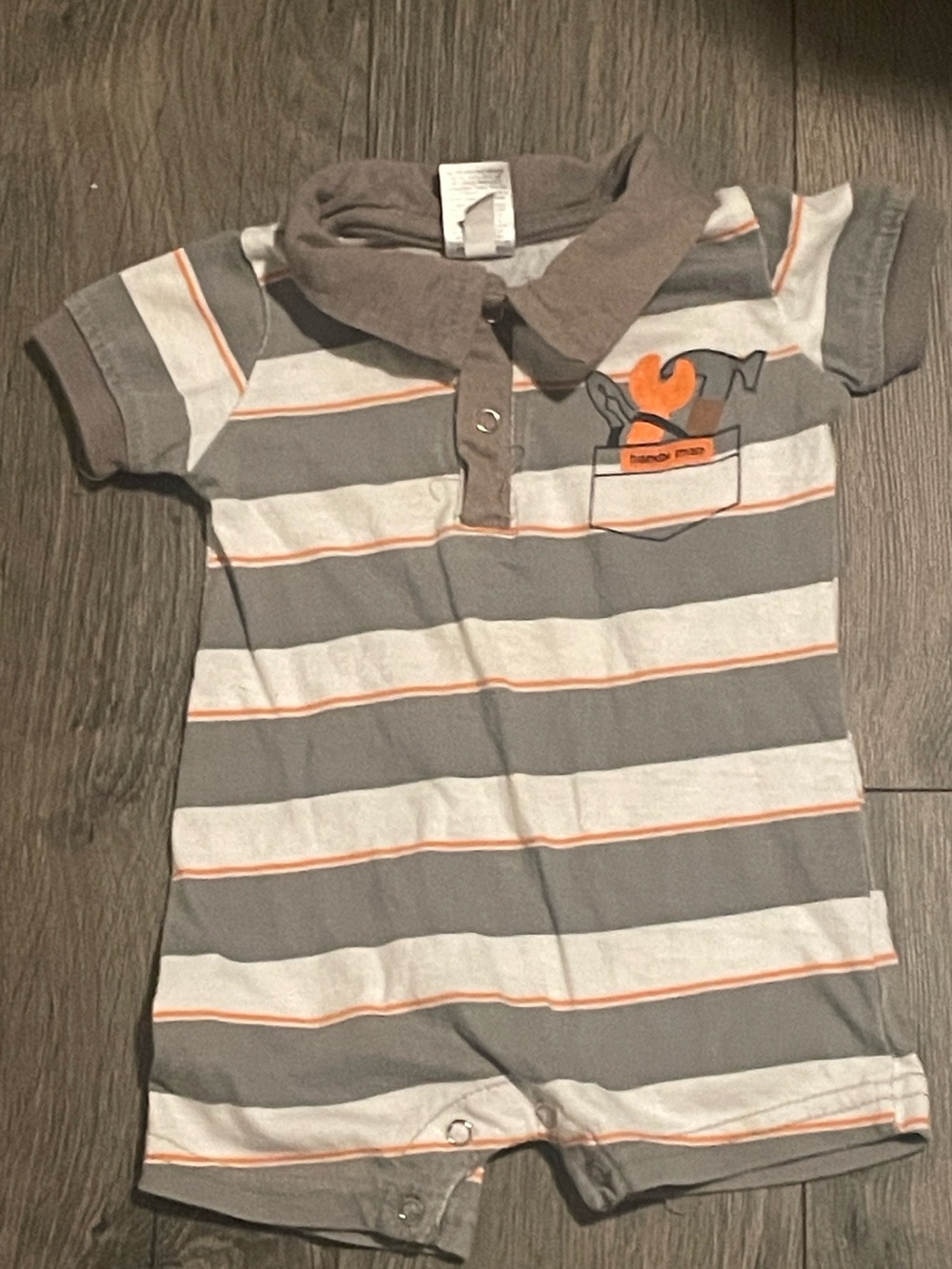 Grey & White Striped Polo Romper with Orange Accent - baby boy 3-6 months